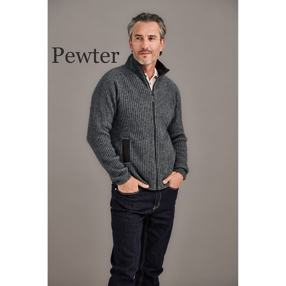 Rib Zip Jacket with Leather Trim