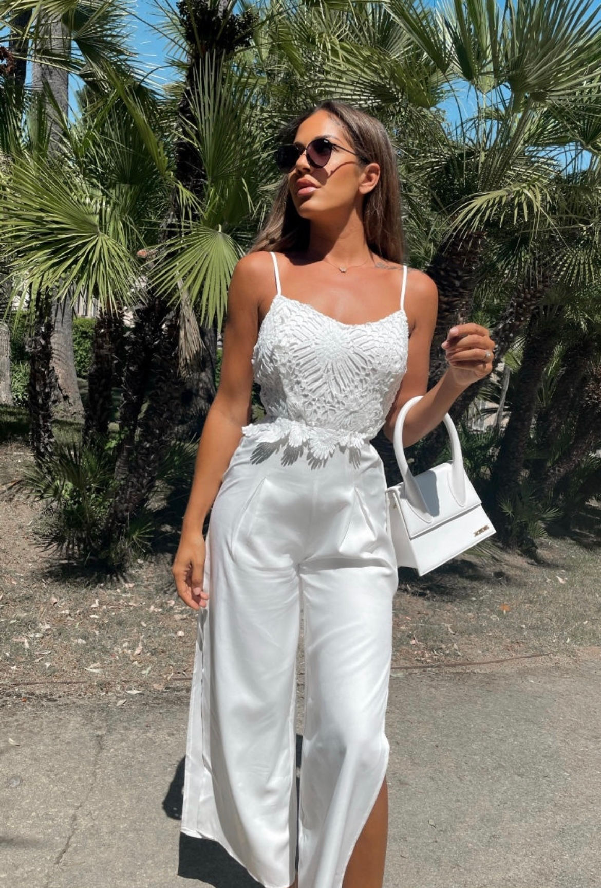 White Split Leg Jumpsuit with Lace Bodice Detail