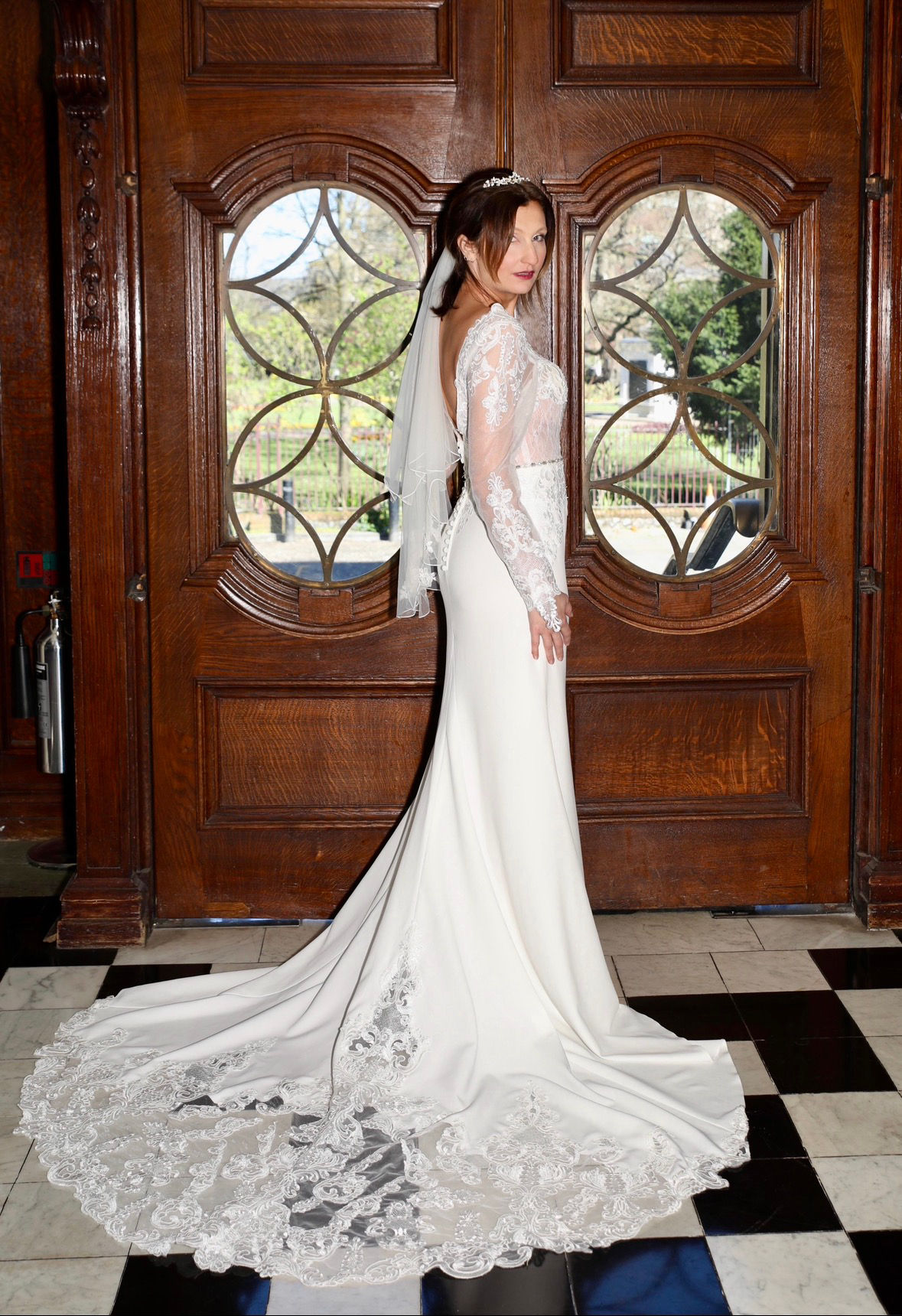 Lace Sleeve Bridal Gown with Diamante Belt and Scalloped Train