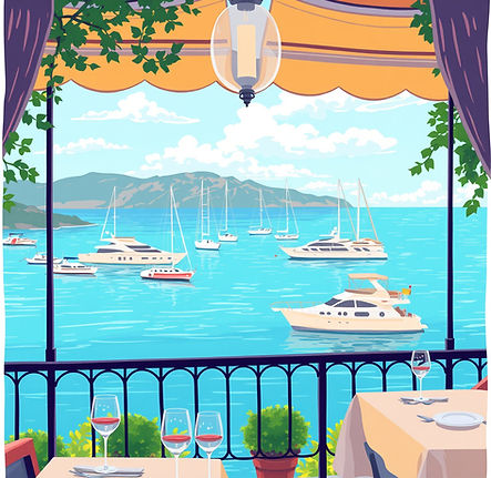 View down over the Mediterranean from a restaurant balcony with yachts in background.jpg