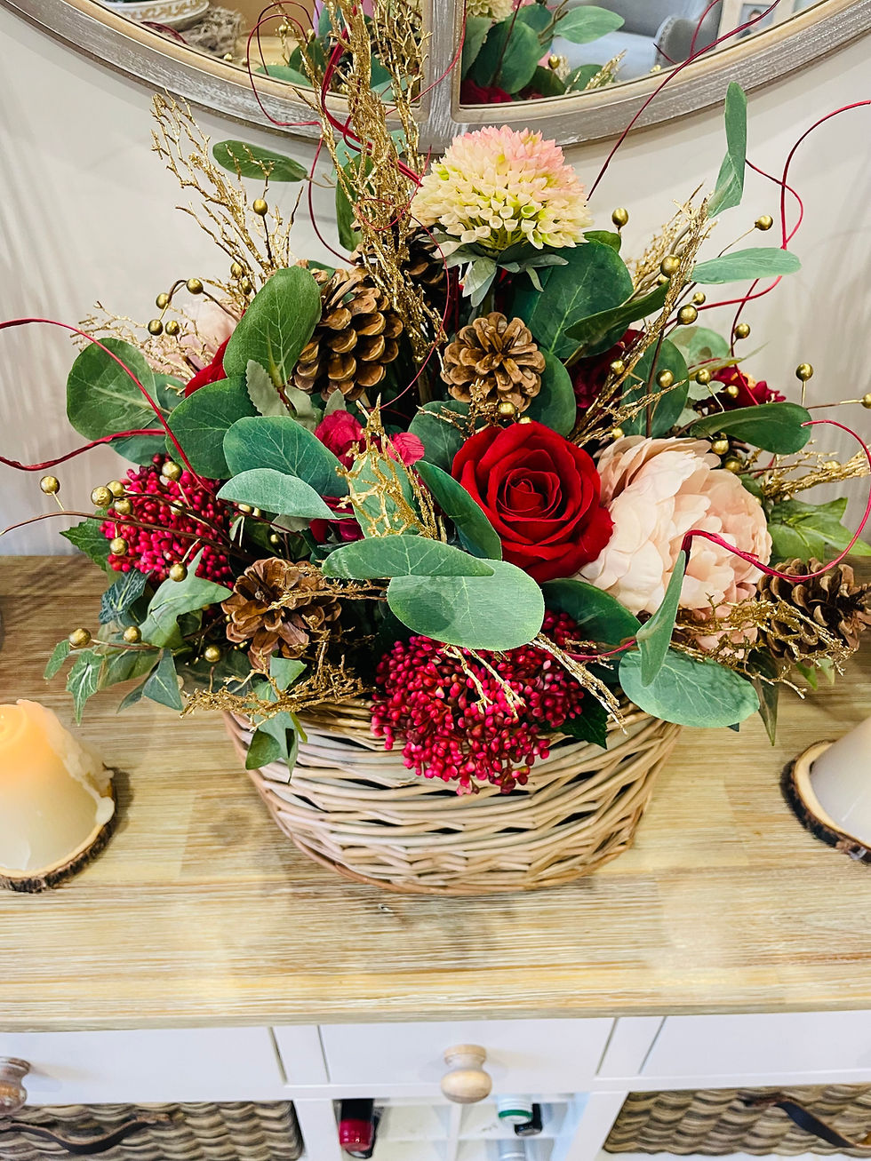 Thumbnail: Festive Faux Flora and Foliage Basket Display