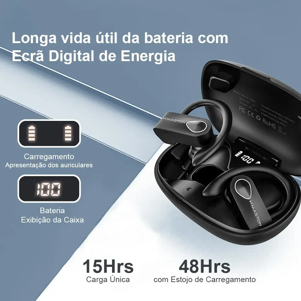 Miniatura: Fone de Ouvido Bluetooth Esportivo H'Maston RS51 - Bateria Duração (15h)