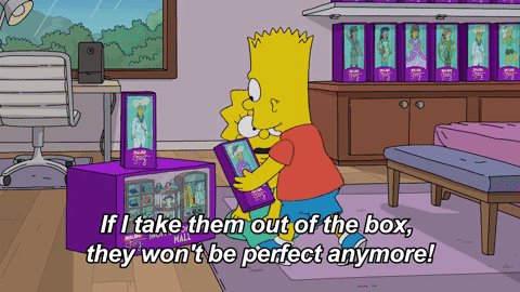 Cartoon kids in a room with toys. One holds a boxed toy, saying "If I take them out of the box, they won't be perfect anymore!"
