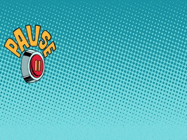Comic-style image with "PAUSE" in yellow, a red pause button, and a blue halftone background. Retro and playful theme.
