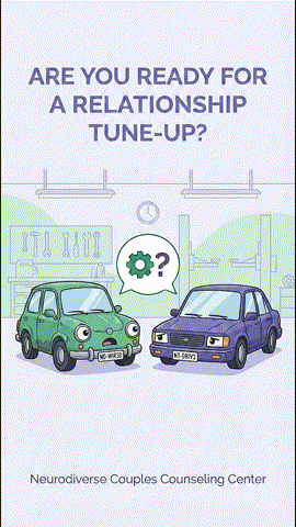Two cartoon cars in a garage setting with tools. A speech bubble with a gear and question mark is between them. Text: "Are You Ready for a Relationship Tune-Up?"