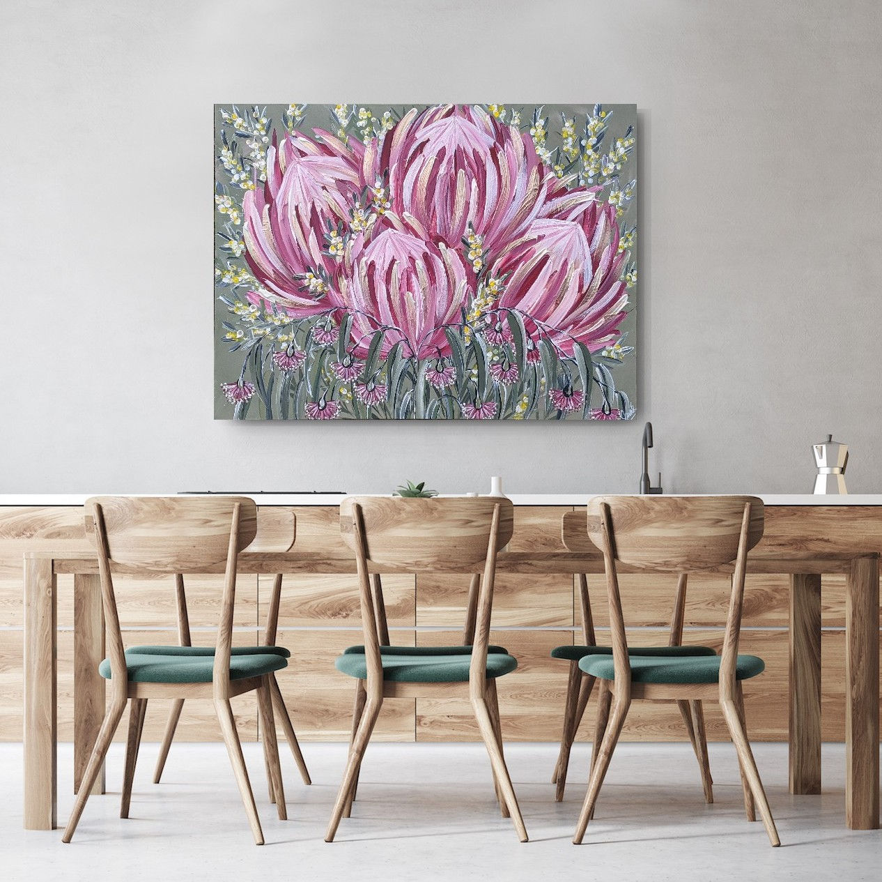 Green bg Native Florals - pinks & wattle with white gold metallic accents