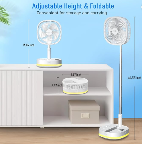 Ventilatore pieghevole UOUCOO con altezza regolabile.