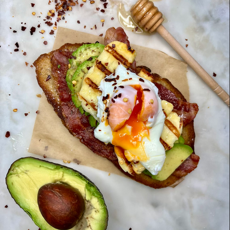 Avocado, Halloumi & Streaky Bacon on Sourdough Toast with Honey