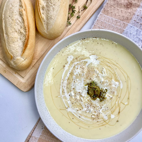 Parsnip Soup with Honey, Pesto & Feta