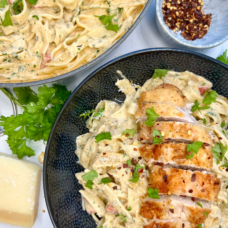 Southern Style Parmesan Tagliatelle with Crispy Chicken