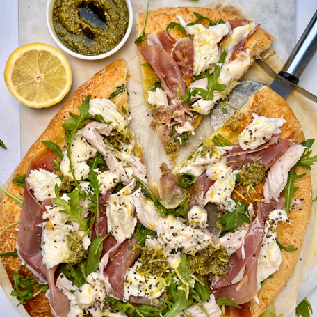 Chicken & Prosciutto Pizza with Fresh Mozzarella, Basil Pesto & Aioli