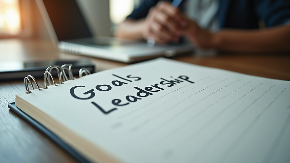 Eye-level view of a notebook with leadership goals written on it