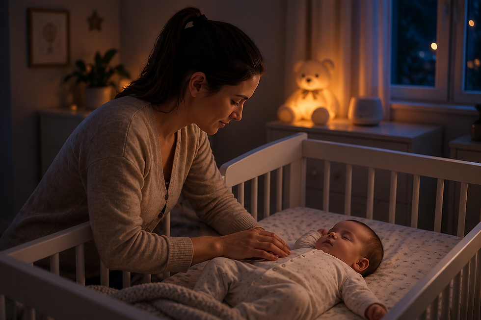 La maman auprès du lit de bébé, avec la peluche lumineuse
Mère rassurant son bébé endormi dans son lit, dans une chambre sombre éclairée par une peluche lumineuse.