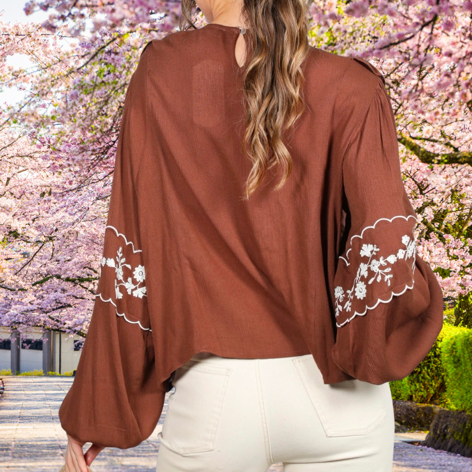 Thumbnail: Vine & Love - Cocoa & Cream Embroidered Ruffle Blouse