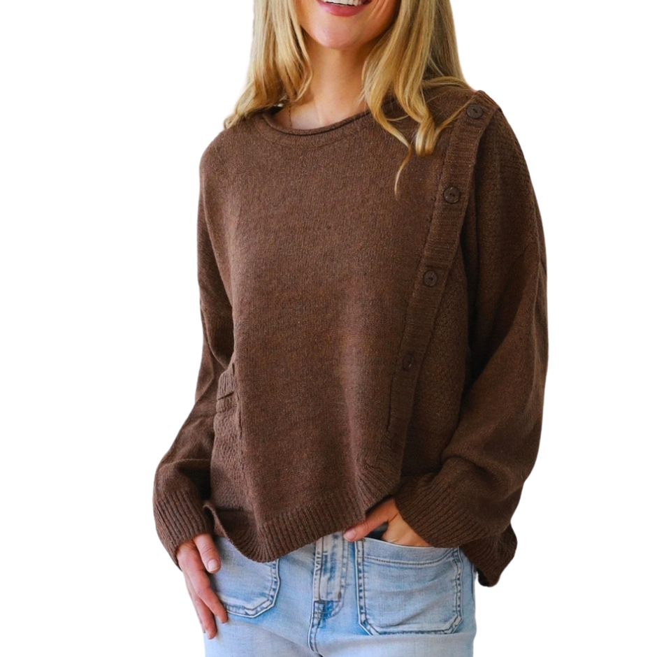 Thumbnail: Charlotte - Cocoa Assymetrical Button Jumper