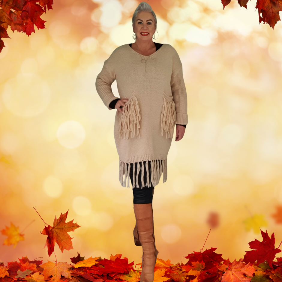 Thumbnail: Boho Chic - Longline fringe detail knit tunic jumper