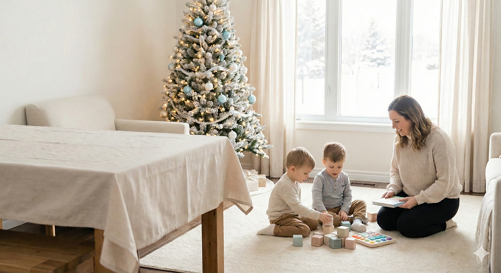 Woman and two children play on the floor by a decorated Christmas tree. Sunlit room with beige tones creates a warm, festive mood.