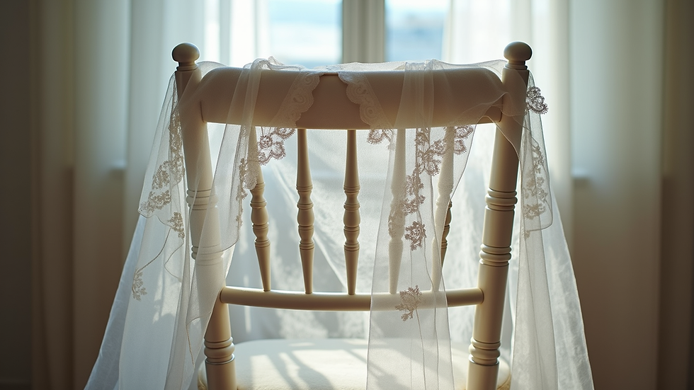 Eye-level view of a bride’s delicate lace veil draped over a chair