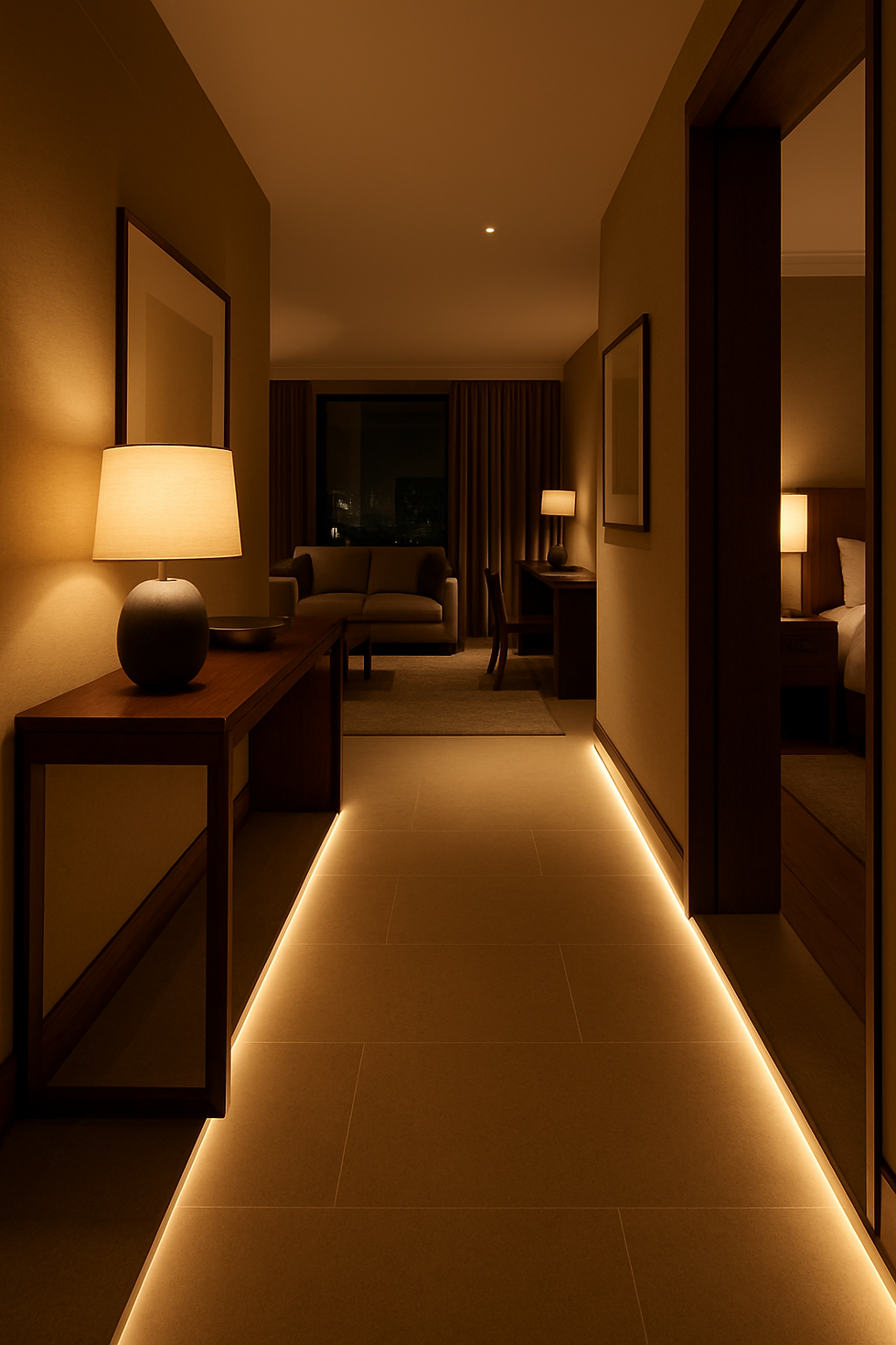 Dimly lit modern hotel room with warm tones. Lamps on wooden furniture illuminate a hallway leading to a sofa and desk by a window.