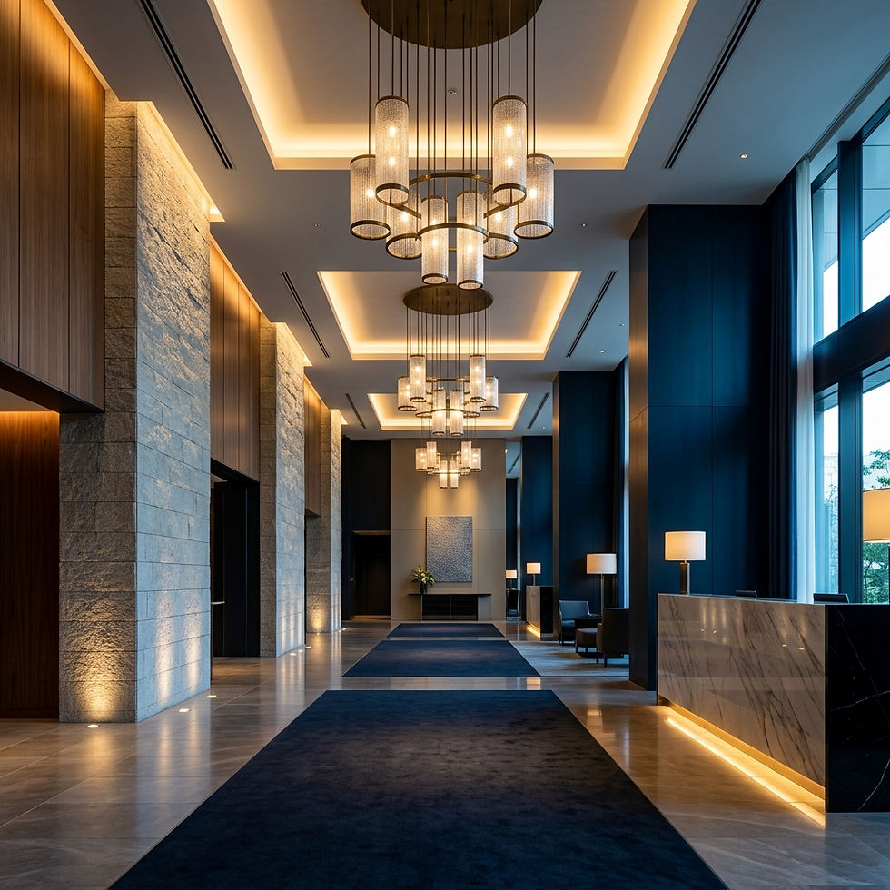 Eye-level view of elegant hotel lobby with sophisticated architectural lighting