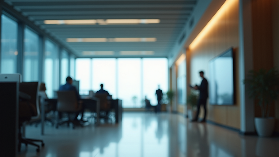 Eye-level view of modern office space with layered lighting