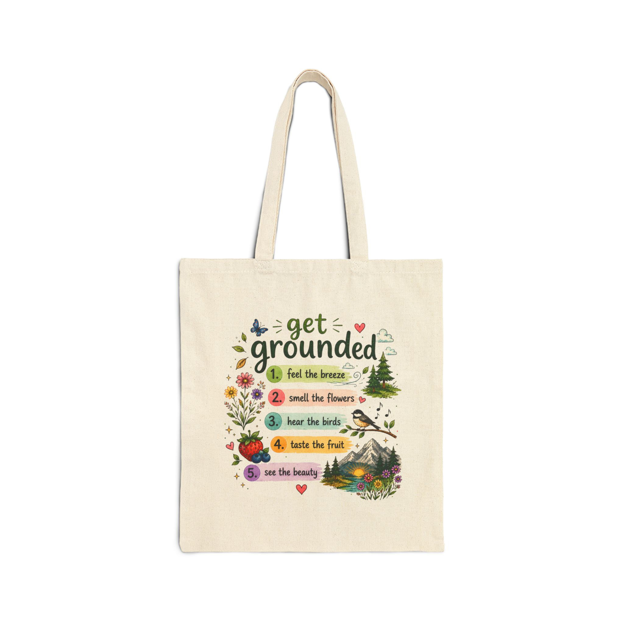 Get Grounded Cotton Canvas Tote — Sensory Grounding Steps Printed Tote Bag