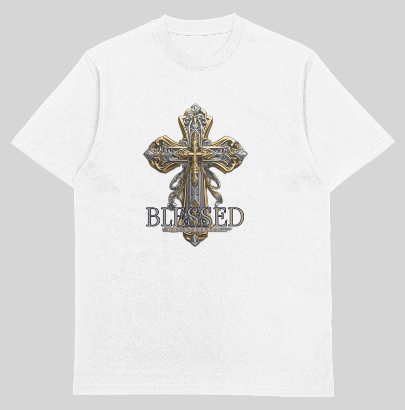 Thumbnail: White "Blessed Not Stressed" Cross T-shirt