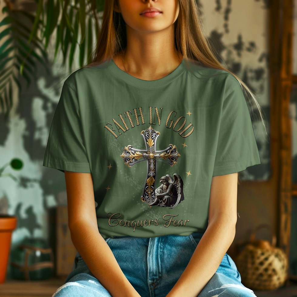 Model wearing Faith Conquers Fear t-shirt in Green