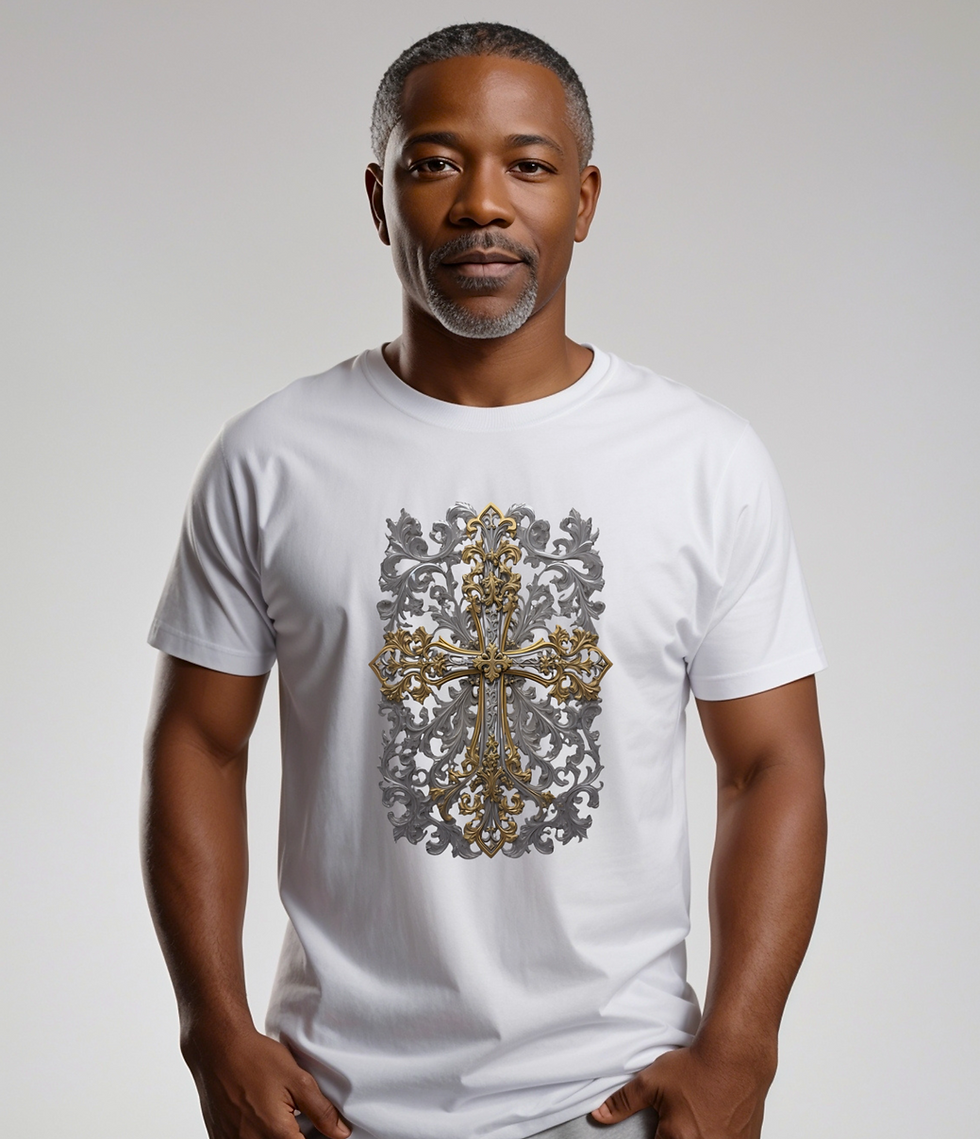 Model wearing white "Ornate Cross Christian T-shirt-M"