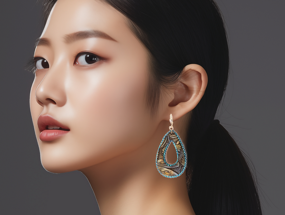 Model wearing Dragonfly Leather Teardrop Earrings