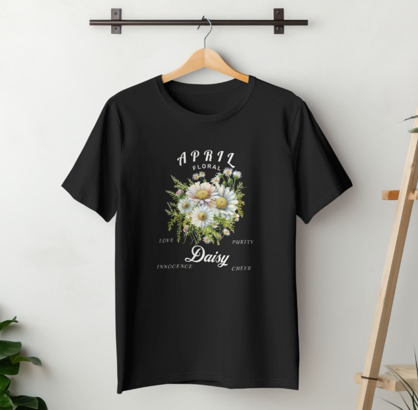 Thumbnail: Black April Daisy Floral Birthday T-shirt