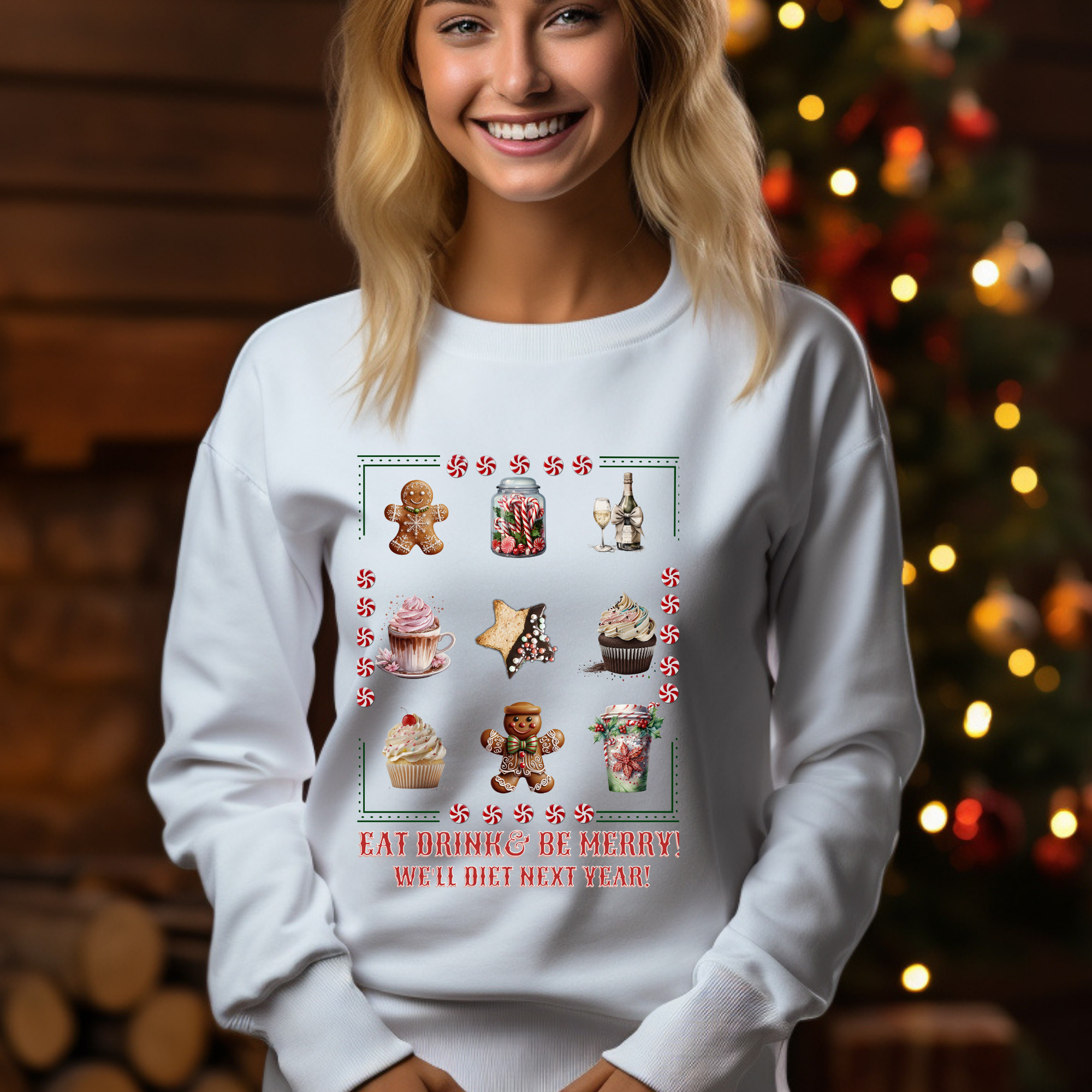 Model Wearing Eat Drink Merry Christmas Sweatshirt in white