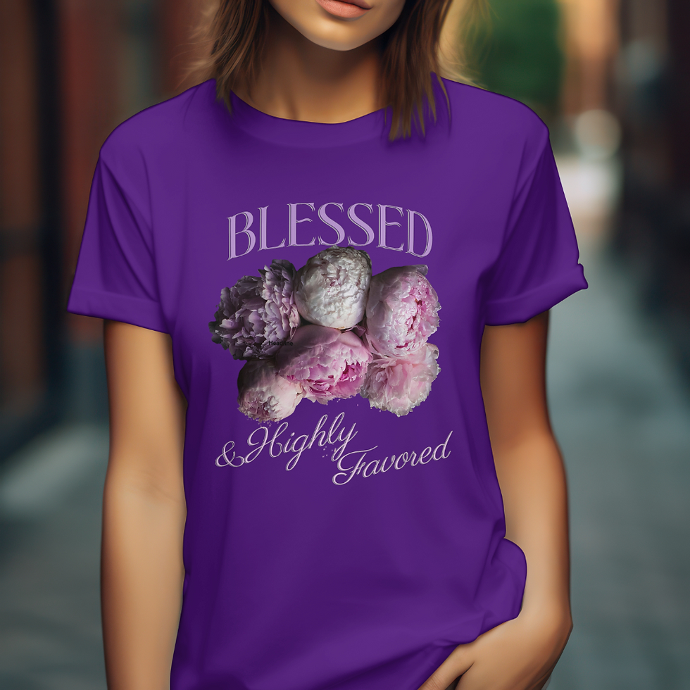 Thumbnail: Model wearing the Blessed & Highly Favored - Faith based Tee in Purple