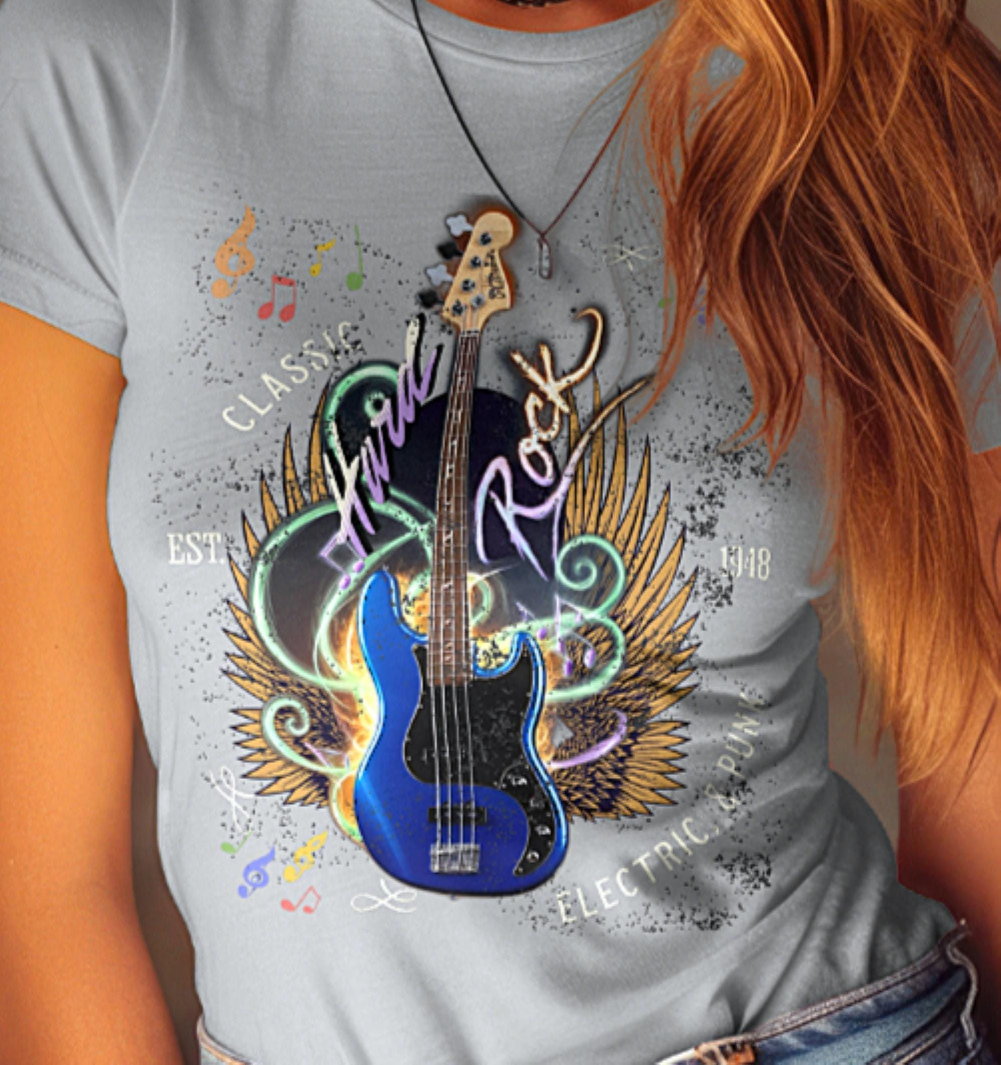 Model wearing Rock Band Music Graphic T-shirt in gray