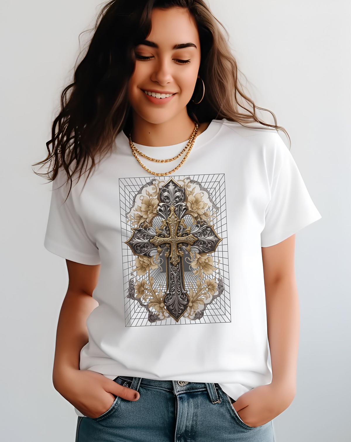 Model wearing white Uplifting Cross T-shirt Faith based apparel
