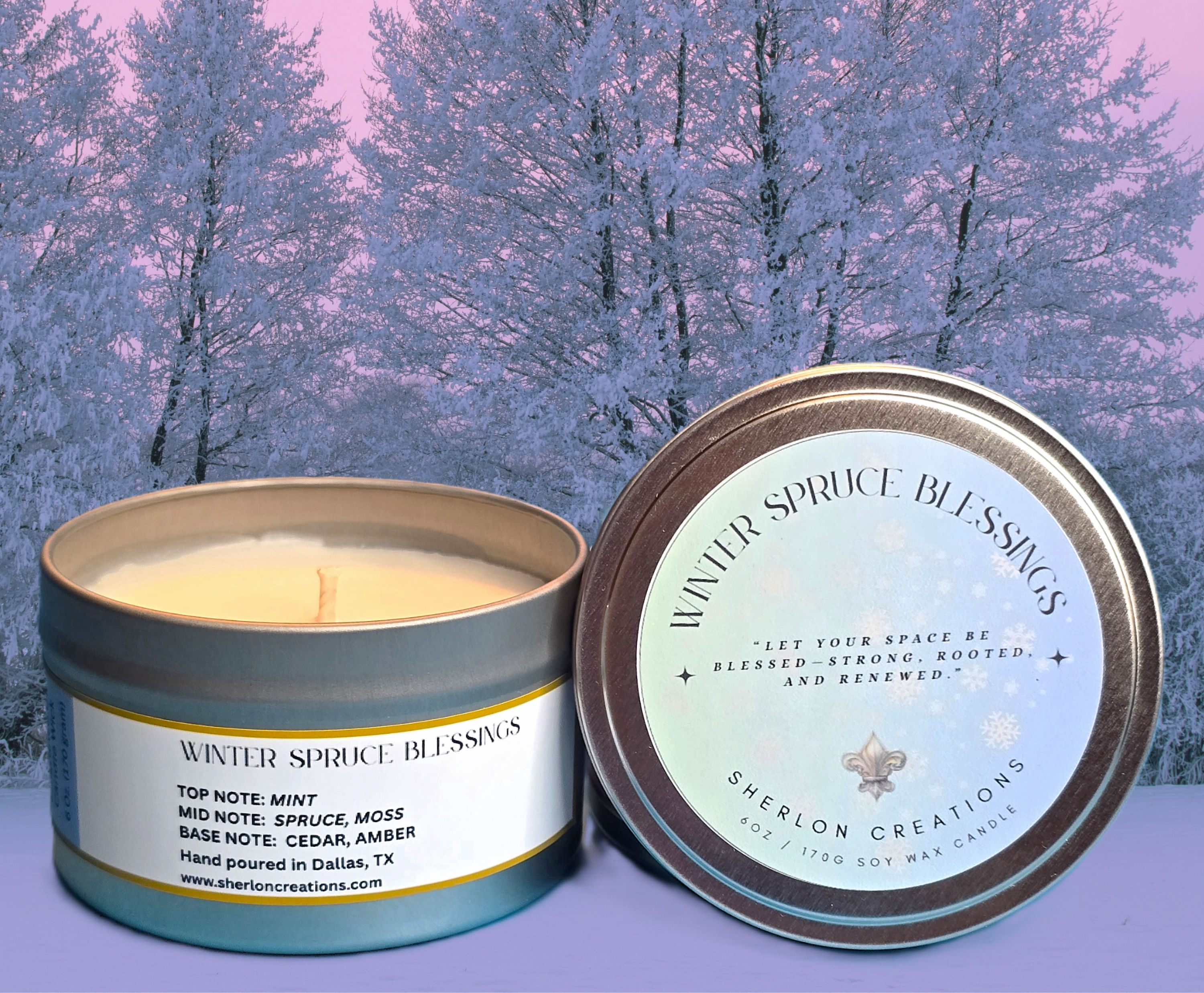 Display view of the Winter Spruce Blessings scented candle