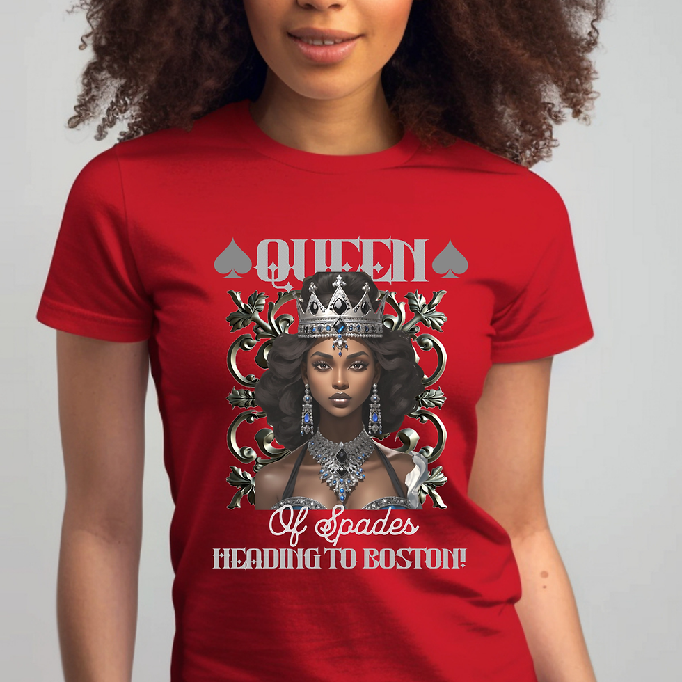 Model wearing Queen of Spades Card Game T-shirt in red