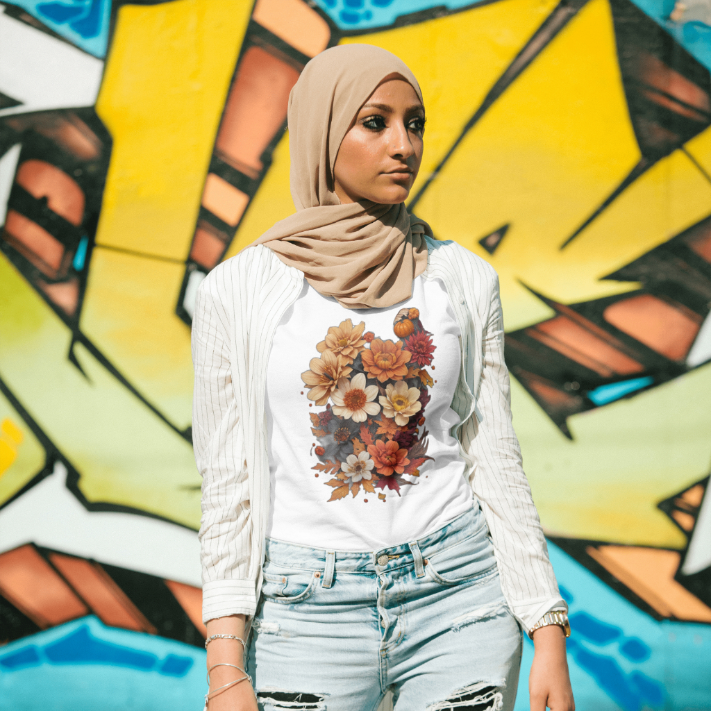 White Shirt w/ beautiful Fall Floral design - model