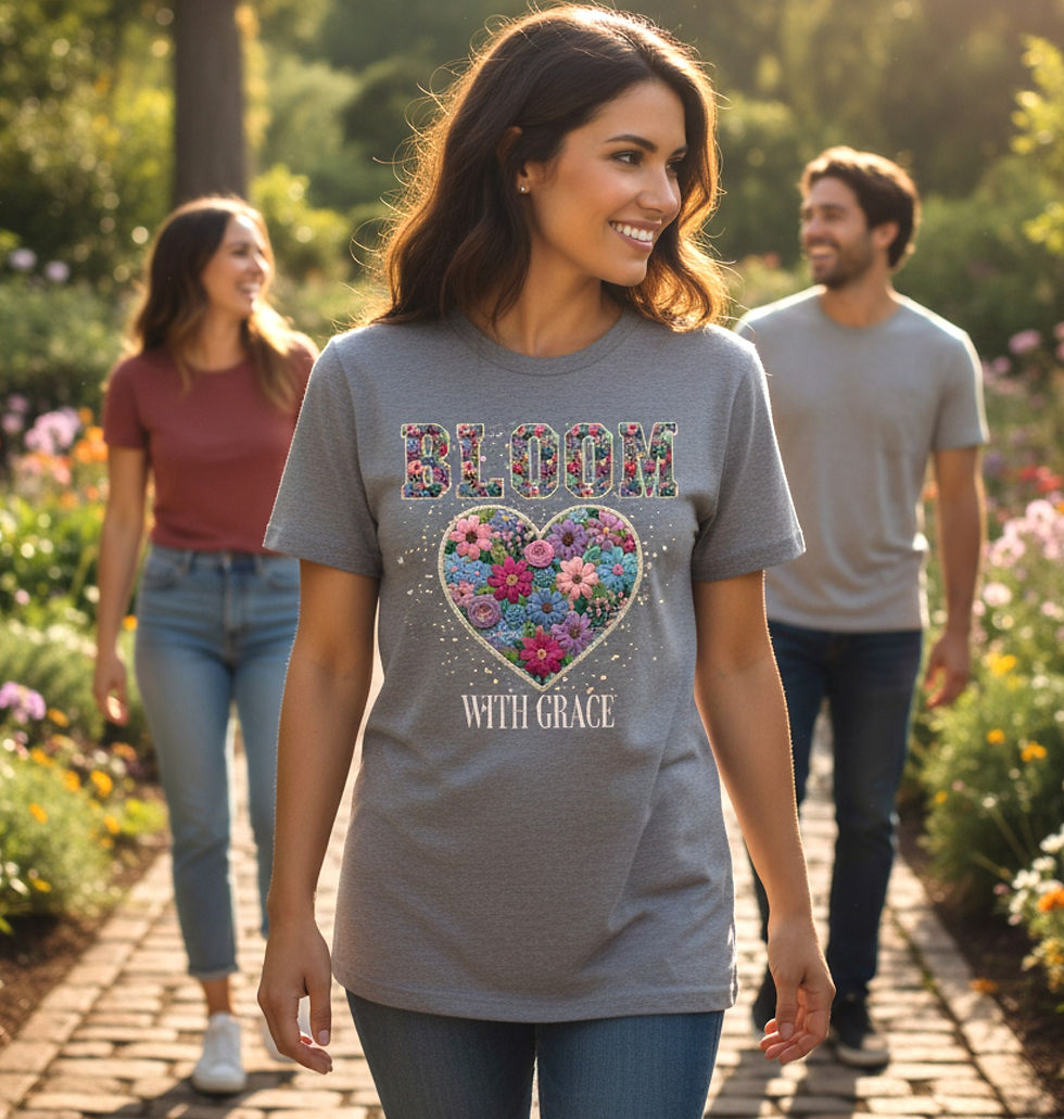 Thumbnail: Model wearing the Bloom With Grace Floral T-shirt in gray