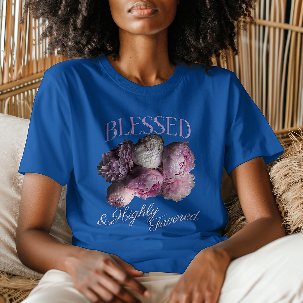 Model wearing the Blessed & Highly Favored - Faith based Tee in Royal Blue