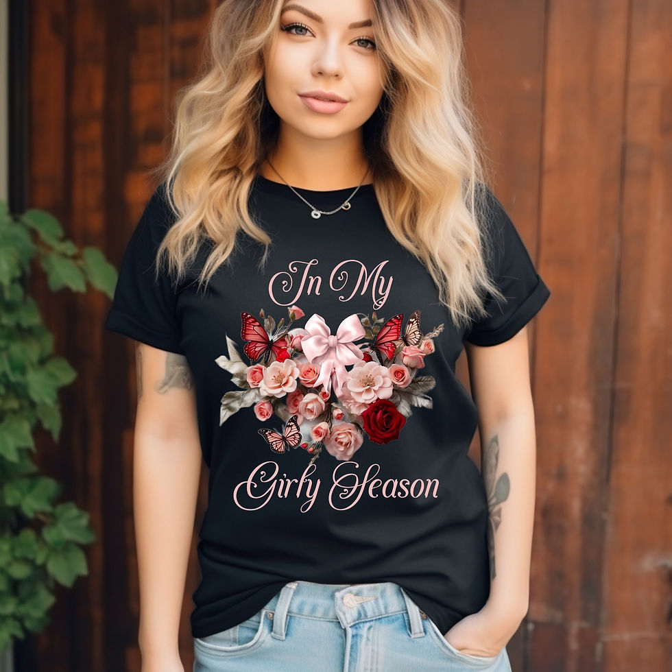 Model wearing a black short sleeve floral "In My Girly Season" Floral T-shirt