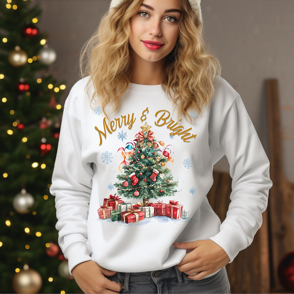 Model wearing the Merry & Bright Sweatshirt in white