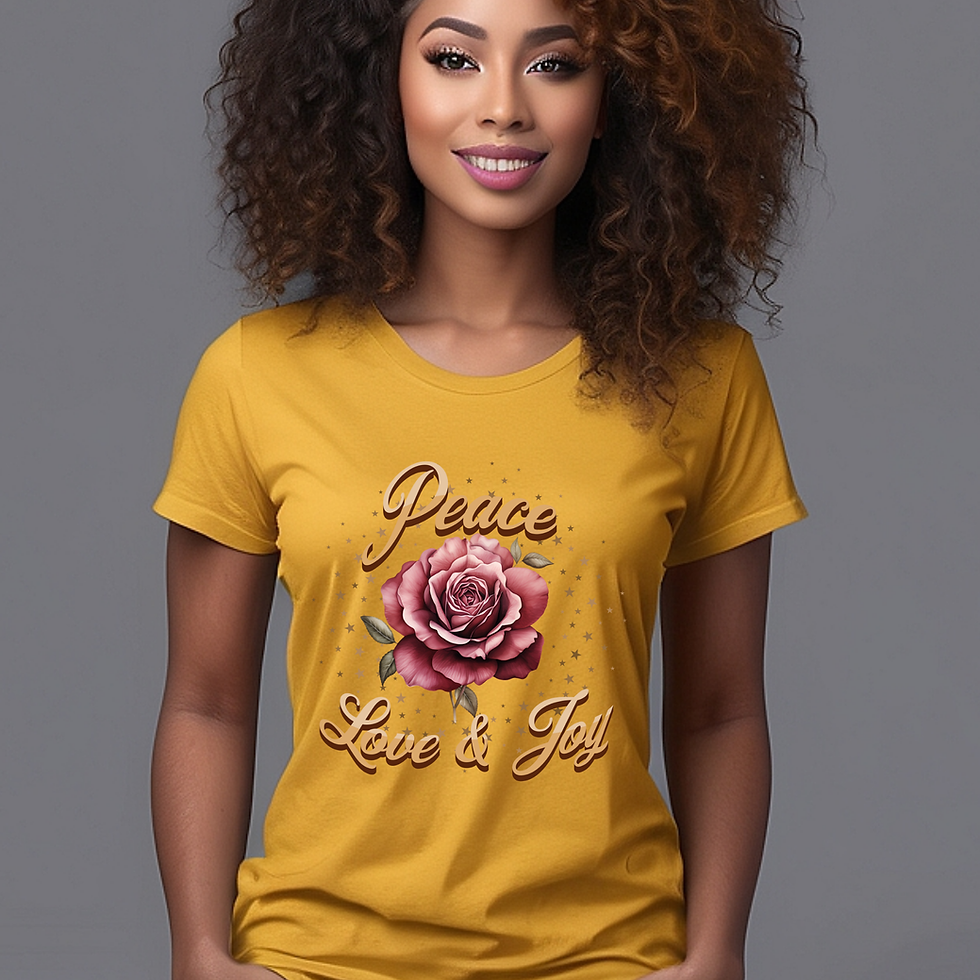 Thumbnail: Model wearing Rose Peace Love Joy Floral T-shirt in goldenrod