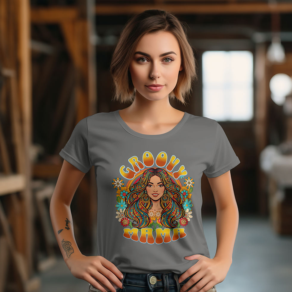Thumbnail: Model wearing the Groovy Mama T-shirt in gray