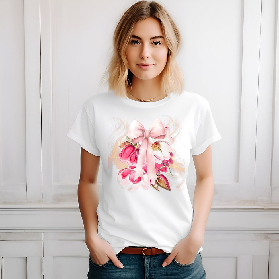 Model wearing the Pink Coquette Floral T-shirt in white