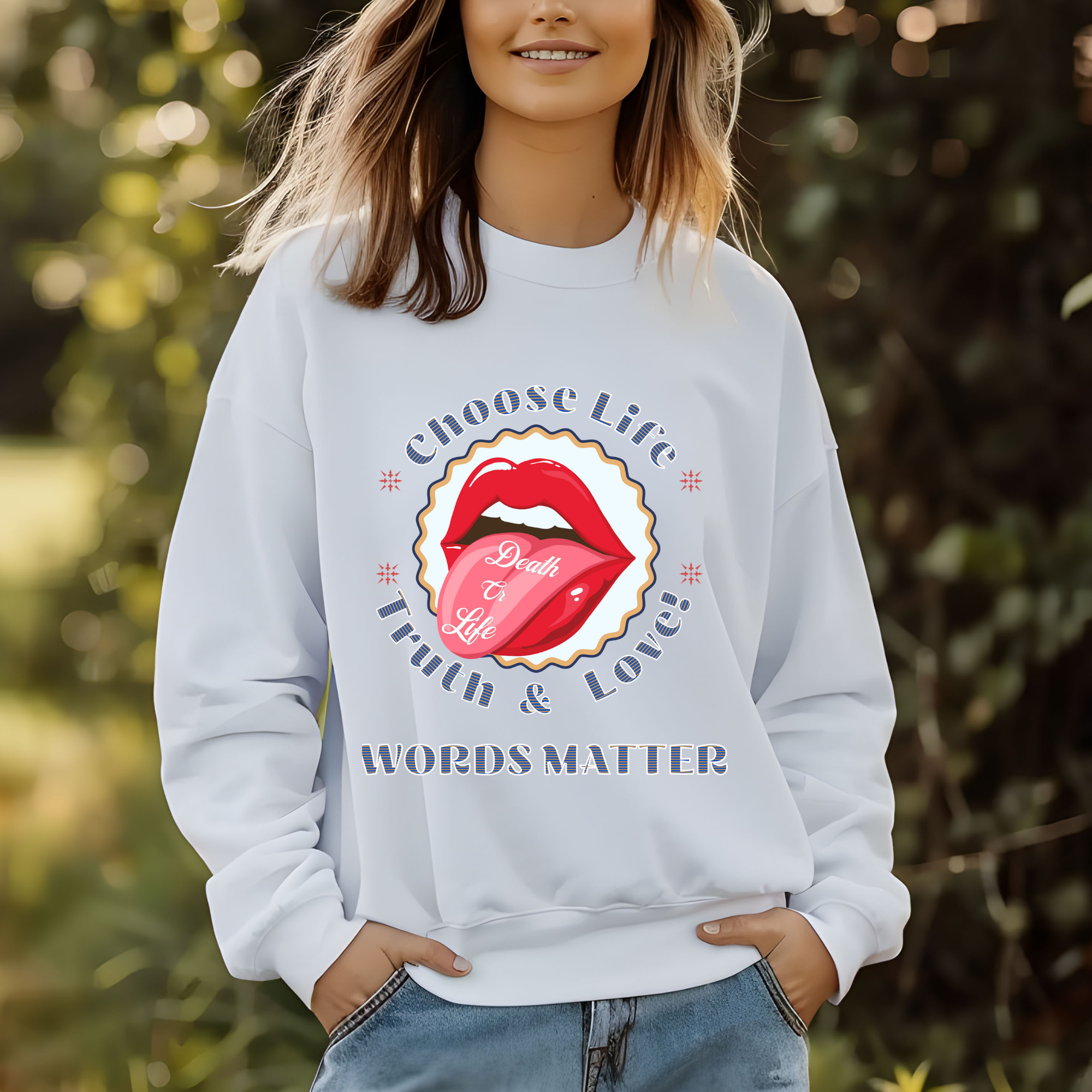 Model wearing Words Matter Women's Sweatshirt in white