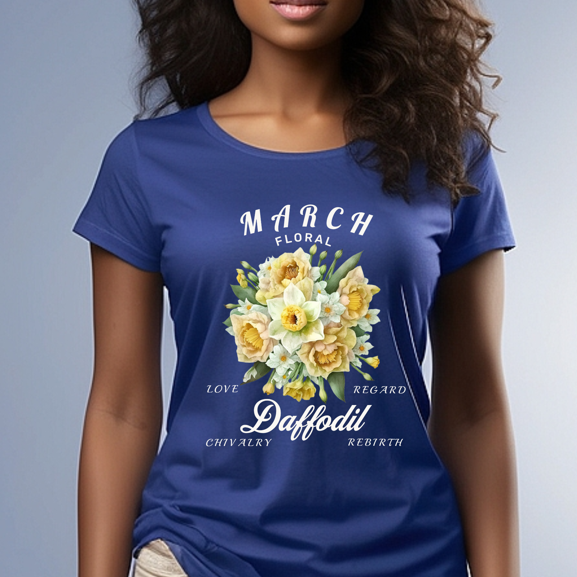 Model wearing Navy March Daffodil Floral Birthday T-shirt