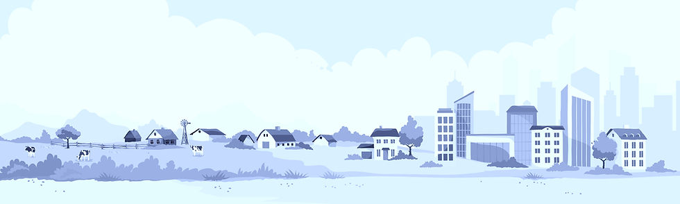Blue-toned illustration of a city and rural skyline