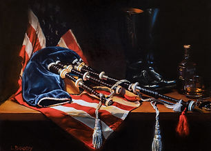 oil painting of bagpipes and an American flag