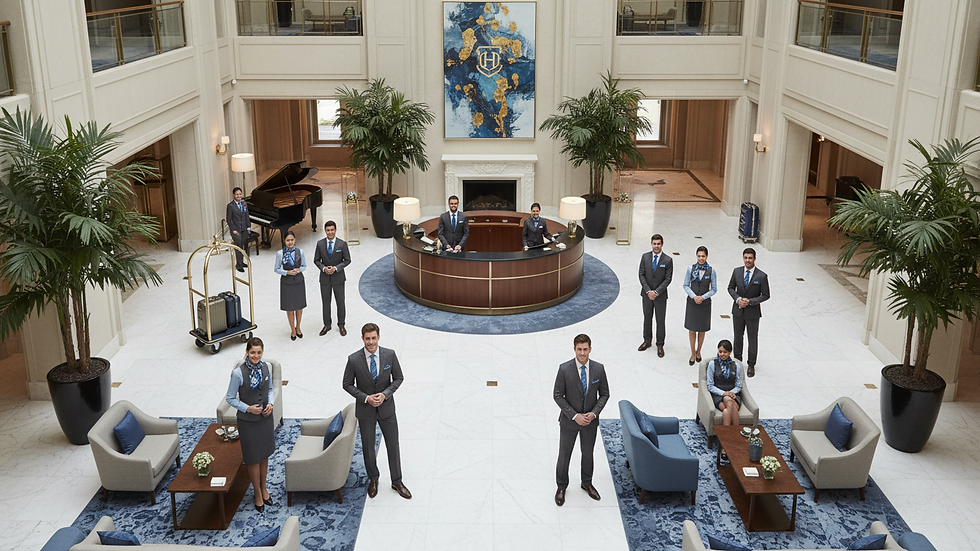 High angle view of a hotel lobby with staff wearing coordinated pre-made uniforms